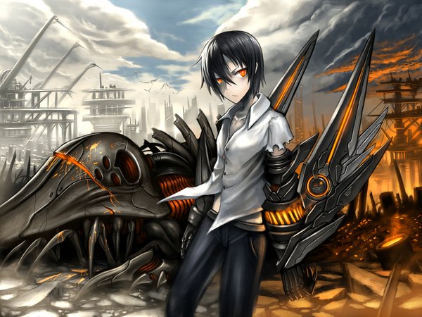 Anime picture 1600x1200 with original gia looking at viewer highres short hair black hair sky cloud (clouds) orange eyes destruction mechanical arms mechanical parts boy animal shirt bird (birds) building (buildings) pants robot