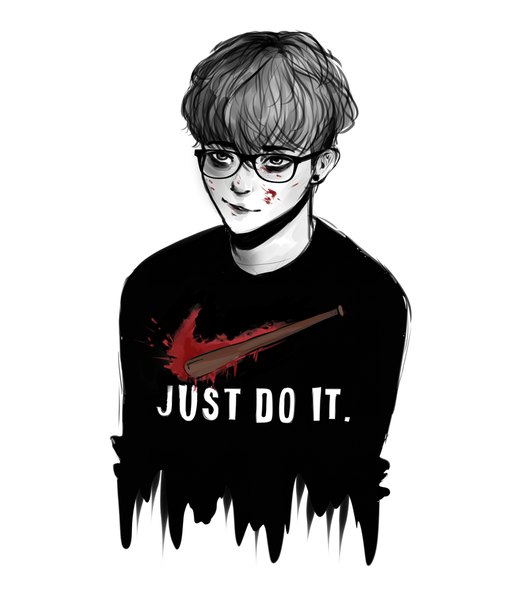Anime picture 1024x1174 with killing stalking nike oh sangwoo doodlebozo single tall image fringe simple background smile white background looking away lips piercing monochrome smirk boy earrings glasses