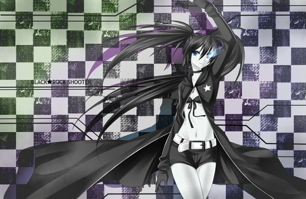 Anime picture 1177x767 with black rock shooter black rock shooter (character) villyane single long hair blue eyes black hair twintails inscription midriff glowing glowing eye (eyes) checkered background girl navel shorts short shorts cloak