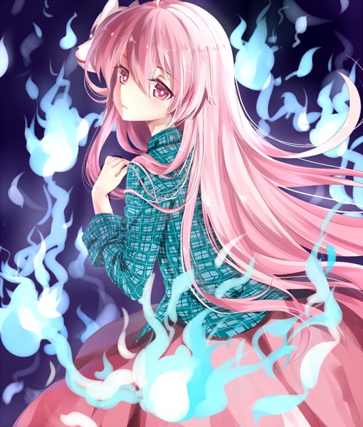 Anime picture 850x1000 with touhou hata no kokoro transistor (poppy) single long hair tall image blush pink hair pink eyes looking back girl mask flame fox mask
