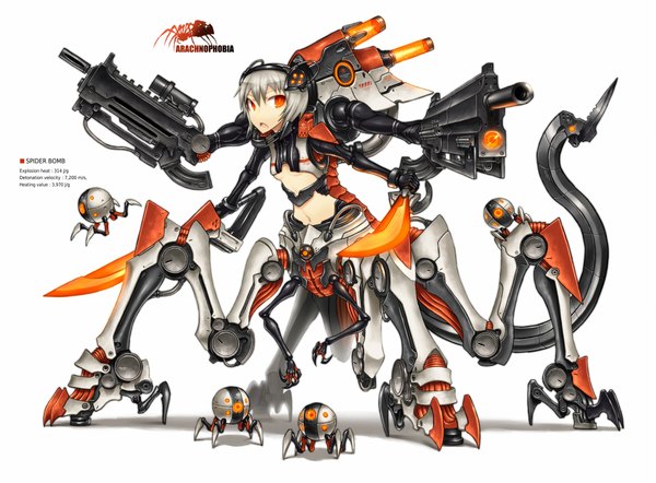 Anime picture 2000x1476 with original gia single highres short hair open mouth white background tail grey hair orange eyes mecha musume extra arms girl navel weapon gun mecha cyborg