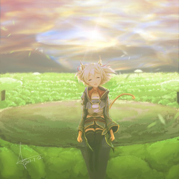 Anime picture 1920x1920 with sword art online a-1 pictures silica jl single fringe highres short hair blonde hair sitting signed animal ears cloud (clouds) tail eyes closed long sleeves animal tail wind cat ears cat girl