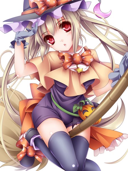 Anime picture 1211x1616 with original moneti (daifuku) single long hair tall image blush blonde hair simple background red eyes white background twintails halloween girl thighhighs dress gloves black thighhighs witch hat