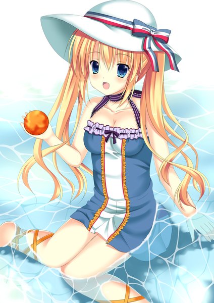 Anime picture 2480x3507 with original orangina kurusu ren single long hair tall image blush highres open mouth blue eyes blonde hair twintails bare shoulders flag print france girl dress bow hat water