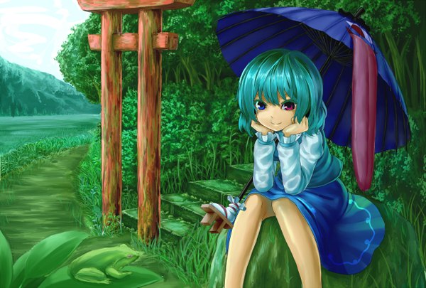 Anime picture 1300x878 with touhou tatara kogasa futsumi (artist) single short hair smile sitting blue hair long sleeves heterochromia chin rest girl dress plant (plants) tree (trees) tongue umbrella grass stairs oriental umbrella