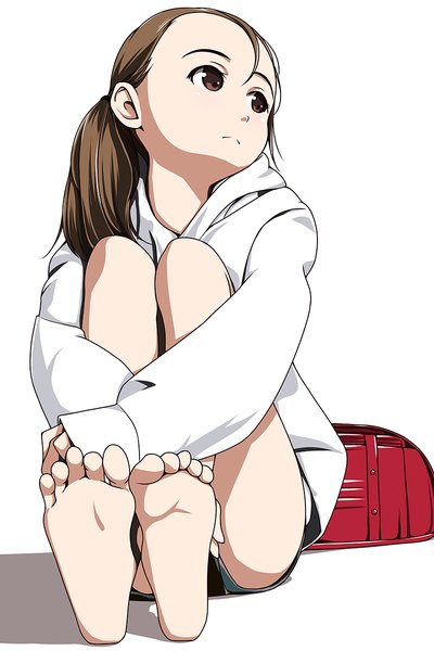 Anime picture 800x1200 with original matsunaga kouyou single long hair tall image simple background brown hair white background brown eyes looking away barefoot bare legs girl shirt toes