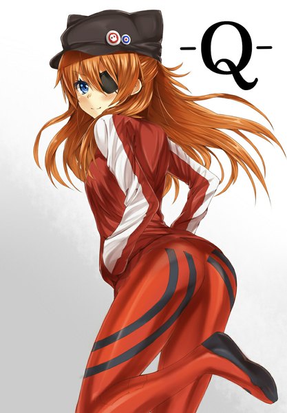 Anime picture 800x1150 with neon genesis evangelion rebuild of evangelion gainax soryu asuka langley heirou single long hair tall image looking at viewer blush blue eyes smile looking back orange hair turning head hands in pockets girl jacket eyepatch cap