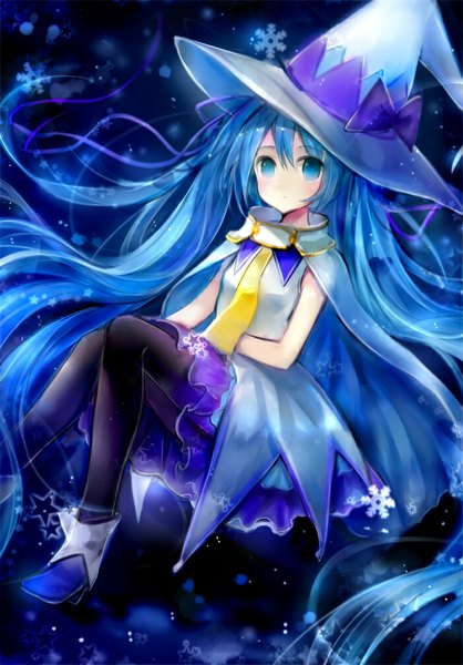 Anime picture 700x1005 with vocaloid suki! yuki! maji magic (vocaloid) hatsune miku yuki miku yuki miku (2014) hanchan single tall image looking at viewer blue eyes sitting twintails blue hair very long hair weightlessness girl hat pantyhose boots cape