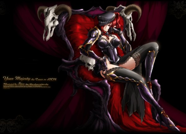 Anime picture 1460x1050 with aion akatsuki matsumoto single long hair looking at viewer light erotic red eyes sitting red hair pointy ears legs girl thighhighs black thighhighs headdress armor thigh boots throne