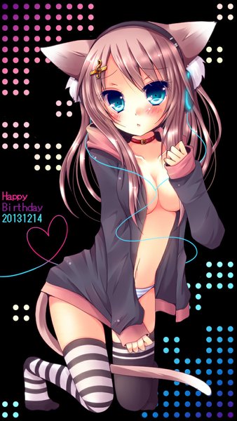 Anime picture 640x1136 with original meiya neon long hair tall image looking at viewer blush breasts blue eyes light erotic brown hair animal ears tail animal tail cat ears cat girl cat tail pantyshot girl thighhighs underwear