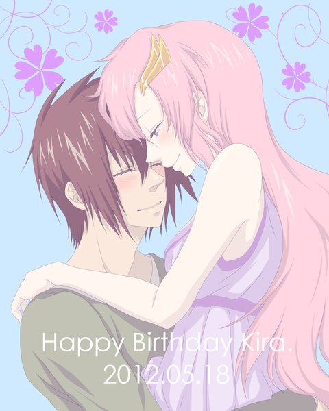 Anime picture 1024x1280 with mobile suit gundam gundam seed sunrise (studio) lacus clyne kira yamato nayuta (hanayushi) long hair tall image blush short hair smile brown hair bare shoulders pink hair eyes closed profile couple hug dated happy