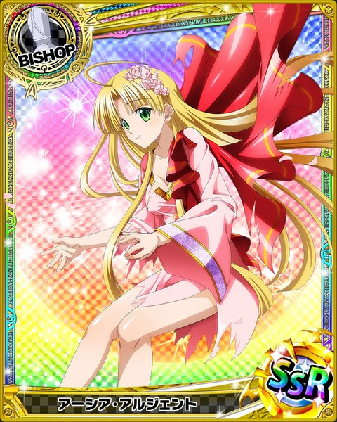 Anime picture 640x800 with highschool dxd asia argento single long hair tall image looking at viewer blonde hair green eyes light smile torn clothes card (medium) girl dress hair ornament