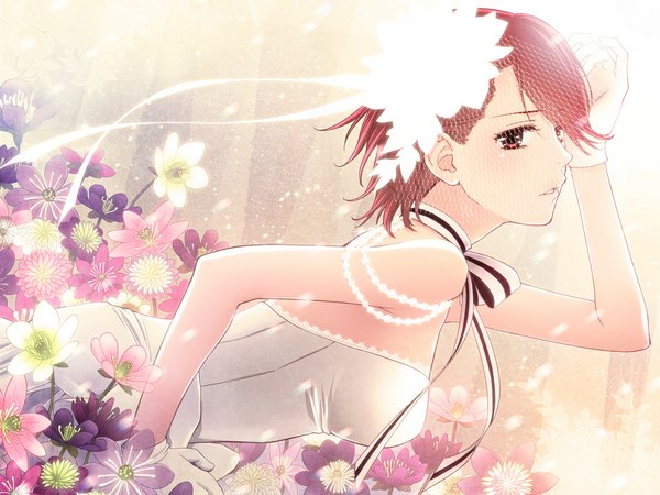 Anime picture 1000x750 with vocaloid meiko koyama rikako single short hair brown hair bare shoulders brown eyes girl dress gloves flower (flowers)