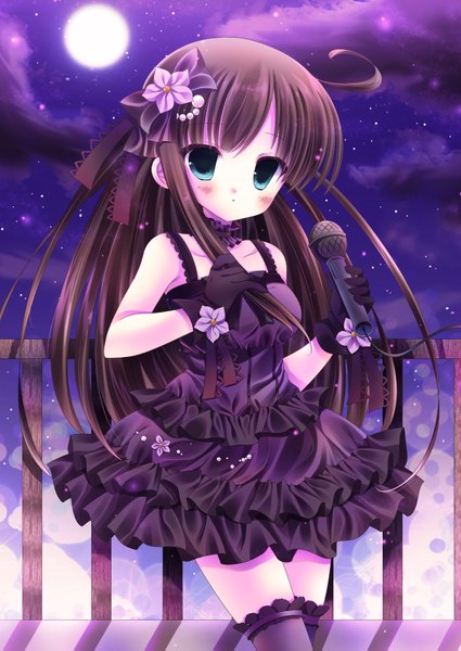 Anime picture 1200x1695 with idolmaster idolmaster cinderella girls shibuya rin kouta. single long hair tall image blush blue eyes brown hair cloud (clouds) loli black gothic dress (idolmaster) girl thighhighs dress gloves black thighhighs moon microphone