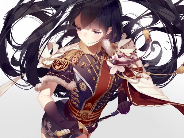 Anime picture 1280x960 with original atha (leejuiping) single blush fringe breasts black hair simple background standing holding payot looking away upper body blunt bangs very long hair from above wind sparkle shadow short sleeves