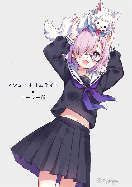 Anime picture 800x1132 with fate (series) fate/grand order mash kyrielight fou (fate) nyanya single tall image blush fringe short hair open mouth simple background purple eyes signed pink hair hair over one eye grey background arms up bare belly twitter username
