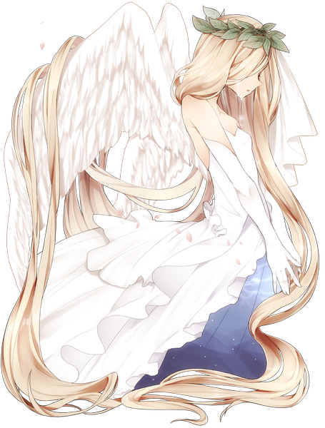 Anime picture 2200x2900 with original naruto maki single tall image highres blonde hair bare shoulders very long hair tears transparent background angel wings girl dress gloves petals elbow gloves leaf (leaves) headband wedding dress