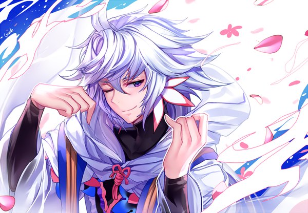 Anime picture 1009x700 with fate (series) fate/stay night merlin (fate) gendo0032 single long hair looking at viewer fringe hair between eyes purple eyes signed silver hair upper body one eye closed wind wink boy petals