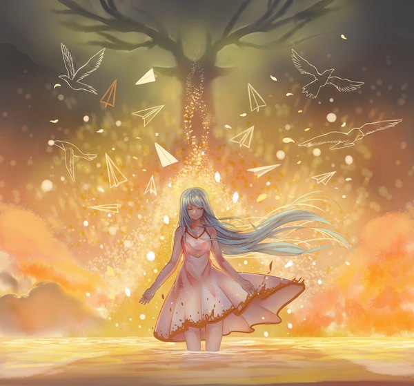 Anime picture 3507x3273 with original mr. j.w single long hair blush fringe highres breasts smile standing bare shoulders absurdres eyes closed very long hair horn (horns) wind aqua hair grey background shadow spread arms