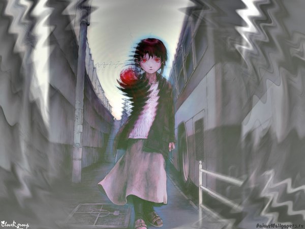 Anime picture 1024x768 with serial experiments lain iwakura lain abe yoshitoshi single looking at viewer short hair red eyes brown hair standing signed grey background open jacket outstretched arm third-party edit girl skirt hair ornament jacket x hair ornament coat