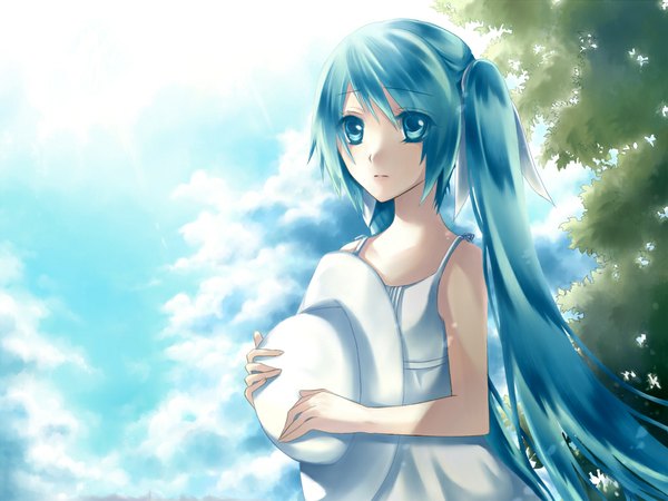Anime picture 1024x768 with vocaloid hatsune miku single long hair twintails bare shoulders sky aqua eyes aqua hair girl hat sundress branch