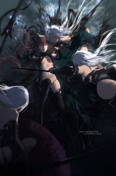 Anime picture 1890x2870 with original pixiv fantasia pixiv fantasia revenge of the darkness swd3e2 long hair tall image fringe highres breasts open mouth light erotic brown hair purple eyes bare shoulders multiple girls holding signed looking away ass white hair
