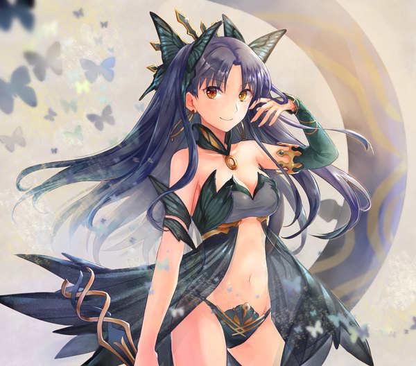 Anime picture 1000x880 with fate (series) fate/grand order ishtar (fate) alle gro single long hair looking at viewer light erotic smile standing bare shoulders blue hair cleavage two side up heterochromia groin adjusting hair girl navel hair ornament