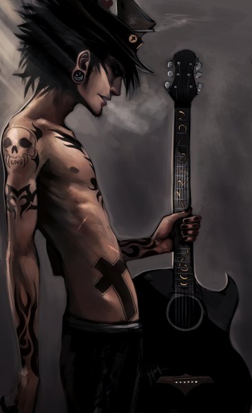 Anime picture 1100x1800 with original ninjatic single tall image short hair black hair profile grey background teeth fang (fangs) tattoo topless boy musical instrument skull peaked cap guitar beard