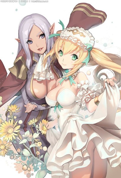 Anime picture 547x800 with million arthur (series) kaku-san-sei million arthur original square enix chunhyang kkuem long hair tall image looking at viewer fringe breasts light erotic blonde hair large breasts standing white background purple eyes twintails bare shoulders multiple girls