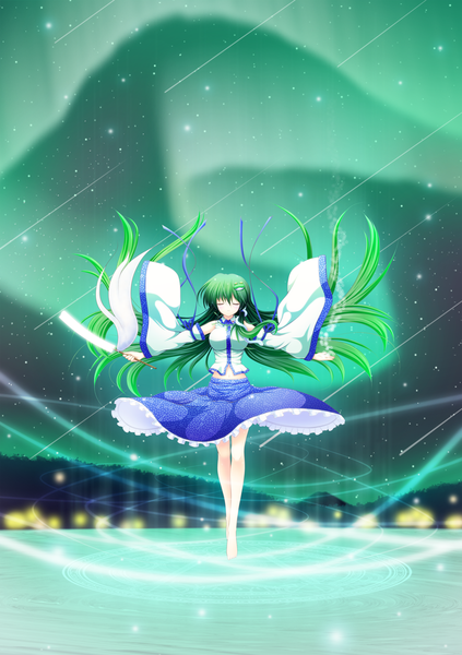 Anime picture 1748x2480 with touhou kochiya sanae osashin (osada) single long hair tall image highres bare shoulders eyes closed green hair night legs spread arms girl skirt hair ornament detached sleeves miniskirt star (stars) hair tubes