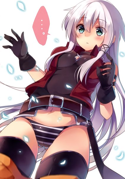 Anime picture 2111x3000 with original anceril sacred mishima kurone single long hair tall image blush fringe highres breasts light erotic white background silver hair aqua eyes girl thighhighs gloves underwear panties black thighhighs