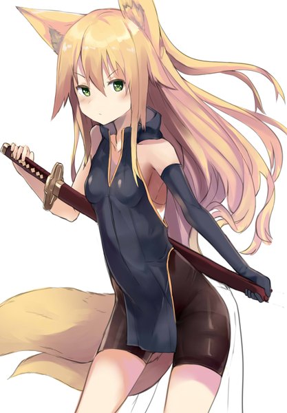 Anime picture 1600x2300 with original haik single long hair tall image looking at viewer blush fringe simple background blonde hair white background holding green eyes animal ears tail animal tail leaning leaning forward fox ears fox tail