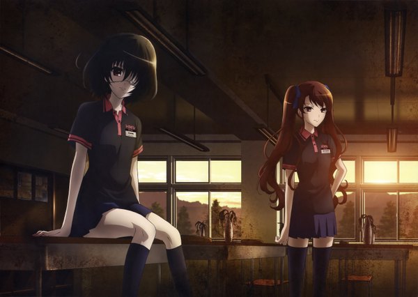Anime picture 5934x4216 with another p.a. works misaki mei akazawa izumi long hair looking at viewer highres short hair black hair smile red eyes brown hair sitting twintails multiple girls absurdres ahoge indoors pleated skirt light smile