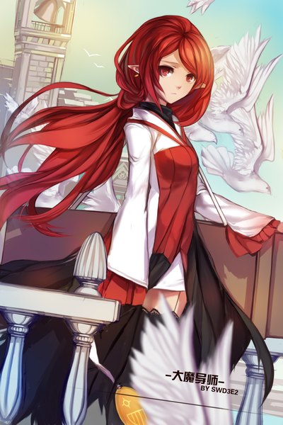 Anime picture 1417x2125 with swd3e2 single long hair tall image looking at viewer red eyes signed red hair pointy ears girl thighhighs dress black thighhighs animal bird (birds) pigeon