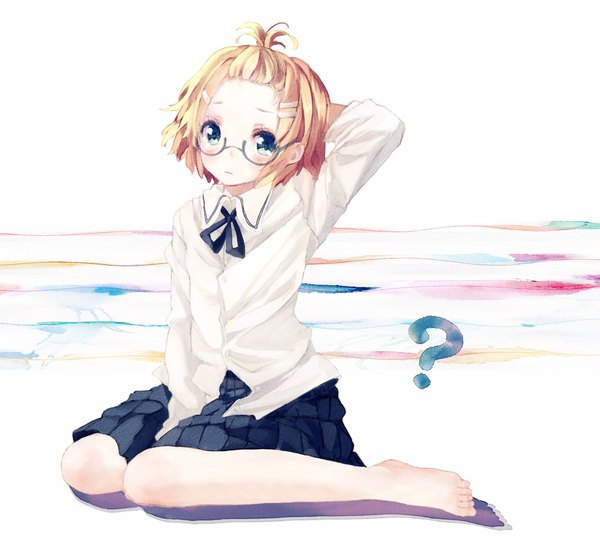 Anime picture 1300x1200 with original bou shaku single blush short hair blonde hair sitting barefoot grey eyes ? girl skirt uniform hair ornament school uniform shirt glasses hairclip