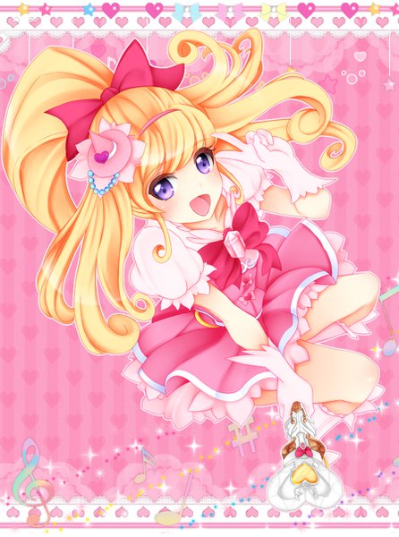 Anime picture 900x1210 with precure mahou girls precure! toei animation asahina mirai cure miracle makkii (pixiv id 566120) single long hair tall image looking at viewer blush open mouth blonde hair purple eyes girl dress gloves bow hair bow socks