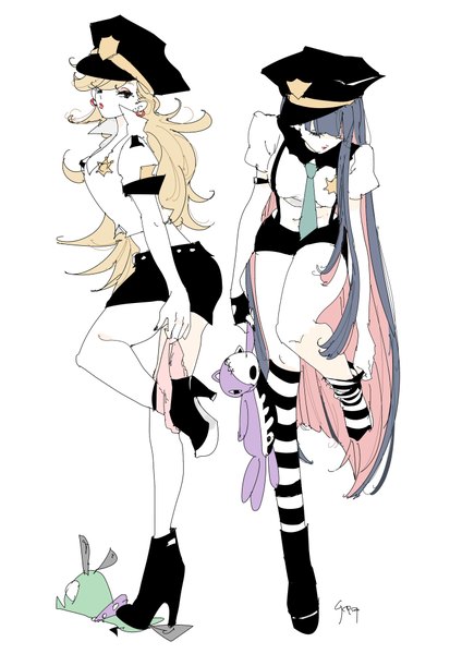 Anime picture 2893x4092 with panty & stocking with garterbelt anarchy stocking anarchy panty chackiin long hair tall image fringe highres breasts light erotic simple background blonde hair standing white background multiple girls holding signed blue hair pink hair bent knee (knees)