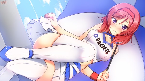 Anime picture 1280x720 with love live! school idol project sunrise (studio) love live! nishikino maki yu-ta single looking at viewer blush short hair light erotic wide image purple eyes red hair girl skirt miniskirt boots hairband thigh boots umbrella