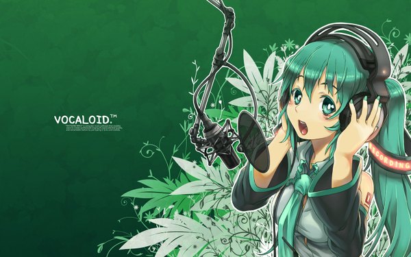 Anime picture 1440x900 with vocaloid hatsune miku long hair open mouth wide image twintails aqua eyes aqua hair singing girl detached sleeves necktie headphones microphone