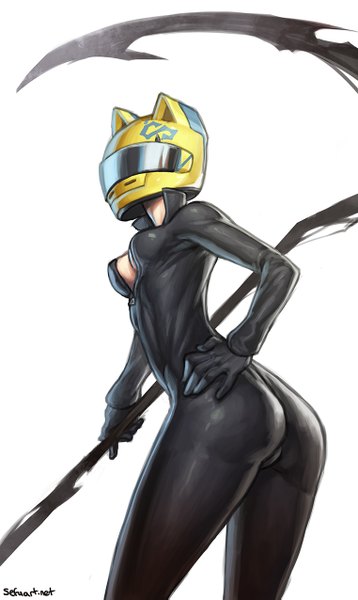 Anime picture 762x1275 with durarara!! brains base (studio) celty sturluson speeh single tall image light erotic simple background white background from behind hand on hip girl gloves weapon bodysuit helmet scythe