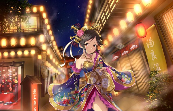 Anime picture 1280x824 with idolmaster idolmaster cinderella girls idolmaster cinderella girls starlight stage momoi azuki single looking at viewer black hair brown eyes traditional clothes japanese clothes hair flower night girl hair ornament flower (flowers) detached sleeves kimono lamp