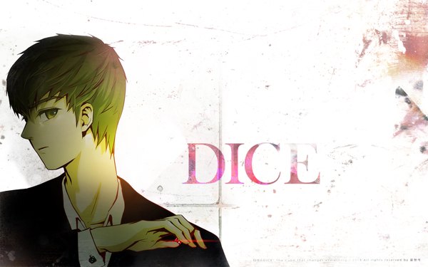 Anime picture 1920x1200 with dice: the cube that changes everything taebin single looking at viewer fringe highres short hair brown hair holding brown eyes profile inscription wallpaper open collar glow boy shirt suit dice