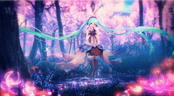 イラスト 2560x1415 と 初音ミク -project diva- f 2nd ボーカロイド 初音ミク yyb ソロ カメラ目線 前髪 highres 笑顔 hair between eyes wide image ツインテール very long hair aqua eyes blurry aqua hair sparkle depth of field 絶対領域 sleeveless