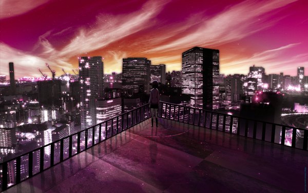 Anime picture 1920x1200 with original tagme (artist) highres short hair wide image standing sky cloud (clouds) city evening sunset cityscape city lights girl skirt uniform school uniform building (buildings) star (stars) roof