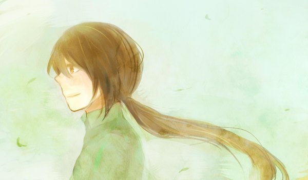 Anime picture 1200x703 with axis powers hetalia studio deen vietnam (hetalia) pomuta long hair smile brown hair wide image brown eyes ponytail profile green background girl leaf (leaves)