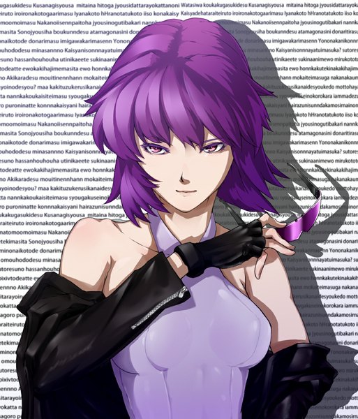 Anime picture 1000x1169 with ghost in the shell production i.g kusanagi motoko yamaishi (mukoubuti) single tall image looking at viewer short hair bare shoulders holding purple hair pink eyes off shoulder inscription shadow sunglasses removed girl gloves glasses fingerless gloves