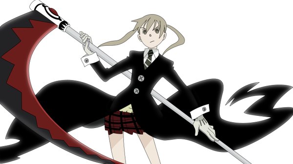 Anime picture 2880x1619 with soul eater studio bones maka albarn soul eater evans long hair looking at viewer fringe highres simple background blonde hair wide image white background twintails wallpaper pale skin serious skirt gloves necktie buttons