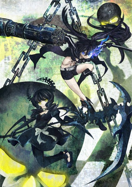 Anime picture 1367x1933 with black rock shooter black rock shooter (character) dead master long hair tall image blue eyes black hair twintails multiple girls green eyes horn (horns) glowing drill hair glowing eye (eyes) girl dress weapon 2 girls sword shorts