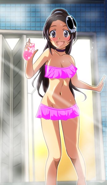 Anime picture 1311x2265 with kami nomi zo shiru sekai elsea de lute irma gentoku single long hair tall image blush open mouth black hair standing black eyes girl navel hair ornament swimsuit skull skull hair ornament