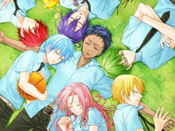 Anime picture 1280x960 with kuroko no basket production i.g kuroko tetsuya kise ryouta aomine daiki midorima shintarou murasakibara atsushi momoi satsuki seijuro akashi twilightend long hair short hair blonde hair blue hair pink hair purple hair red hair green hair aqua hair multiple boys